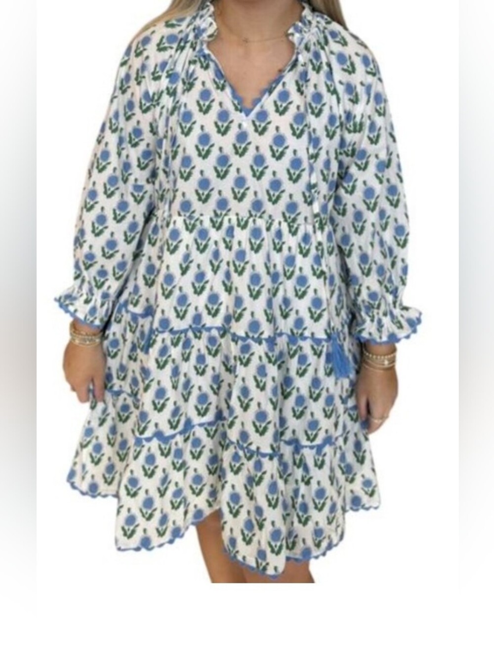 entro White Floral Tiered Dress with Blue and Green Print PTP 21 EUC Large